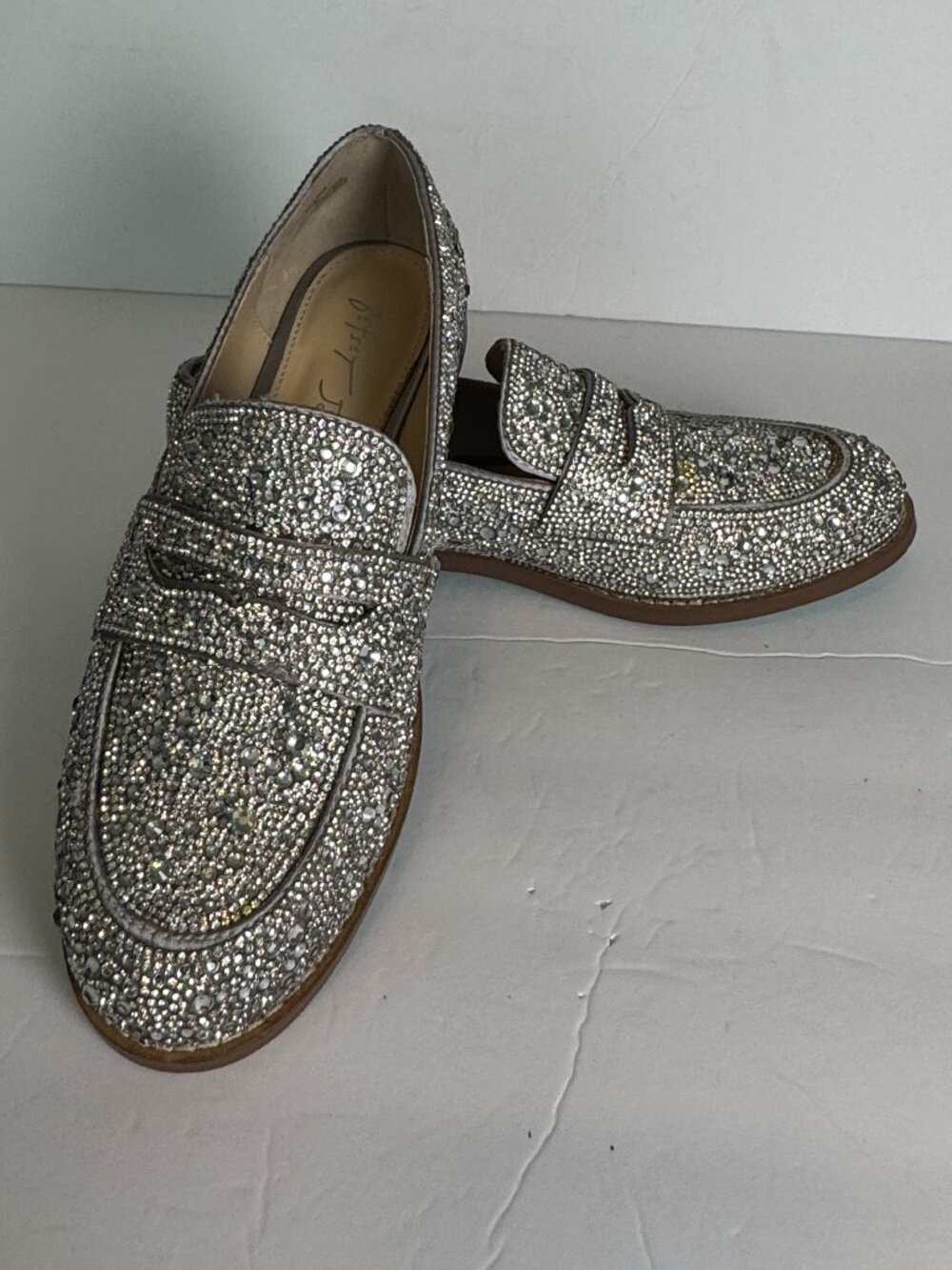 Betsey Johnson Aron Silver Rhinestone Bling Loafers Blue Sole Sparkle Flats Sz 6